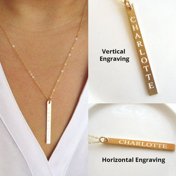 14K Solid Gold Vertical Bar Necklace Personalized Skinny Bar 4 Sided Long Bar Pendant with 4 Names Vertical Bar 22in